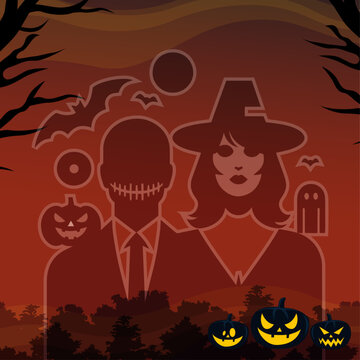 Halloween Couple Silhouette with Creepy Masks, Pumpkins, and Ghost, Witch and Masked Man Halloween Silhouette with Spooky Pumpkin Faces
Dark Halloween Duo with Ghost, Bats, and Jack-o'-Lanterns