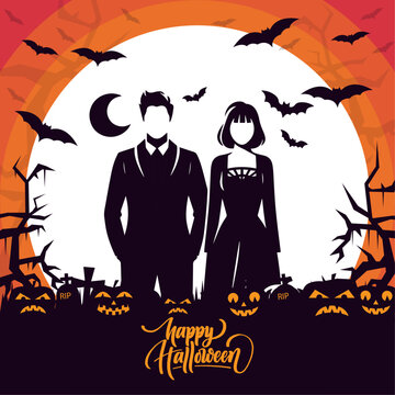 Elegant Halloween Couple Silhouette with Spooky Pumpkin and Bats, Gothic Halloween Scene with Moonlit Couple and Eerie Jack-o'-Lantern, Mystical Halloween Night with Dark Silhouettes, Bats.