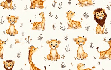 Fototapeta premium Cute cartoon seamless pattern with lions and giraffes in the African savanna.