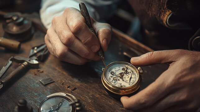 A close-up of a watchmaker’s hands repairing a vintage pocket watch using precision tools. The detailed work showcases craftsmanship and the delicate art of watch repair