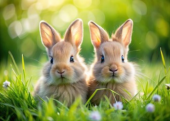 Fototapeta premium Charming closeup of two baby rabbits nestled in vibrant green grass at an eco-friendly farm, showcasing their large eyes and soft fur, perfect for animal lovers.
