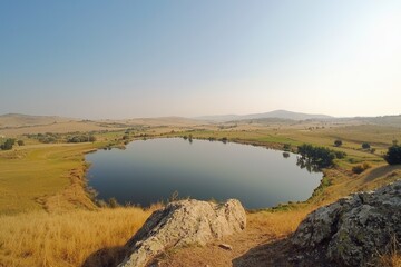 Obraz premium Serene lakeside landscape at dusk with rolling hills and golden grasses under a clear sky