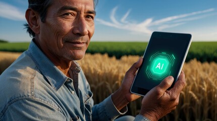 Farmer Using AI Technology on Tablet in Wheat Field Under Blue Sky