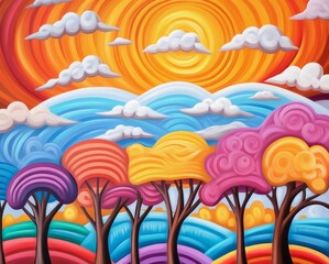 Fototapeta premium Vibrant Abstract Landscape: Colorful Trees and Swirling Skies in Modern Art Style