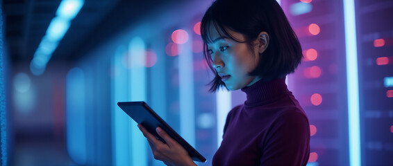 A focused woman examines digital data on a tablet while standing in a brightly lit server room, symbolizing technology, innovation, and modern information management in a futuristic setting.

