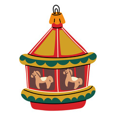 A Soviet Christmas tree toy. A rounded carousel with horses, a glass toy, in bright colors. Cute illustration in vintage colors. Festive elements of the New Year and Christmas on the Christmas tree