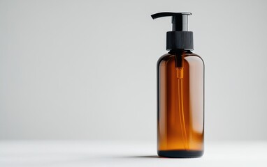 Amber glass dropper bottle with black pump for essential oils or skincare products on white background