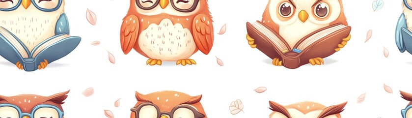 Cute cartoon owls perched on bookshelves, reading and learning. Colorful illustration for children's books.
