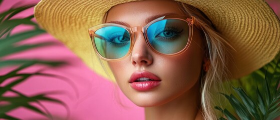 Fototapeta premium Tropical Oasis Style with Sunglasses and Straw Hat