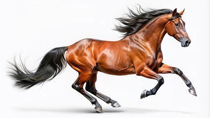 Obraz premium Majestic brown horse in full gallop, mane and tail flowing, jumping high with powerful legs outstretched, isolated on a pure white background.