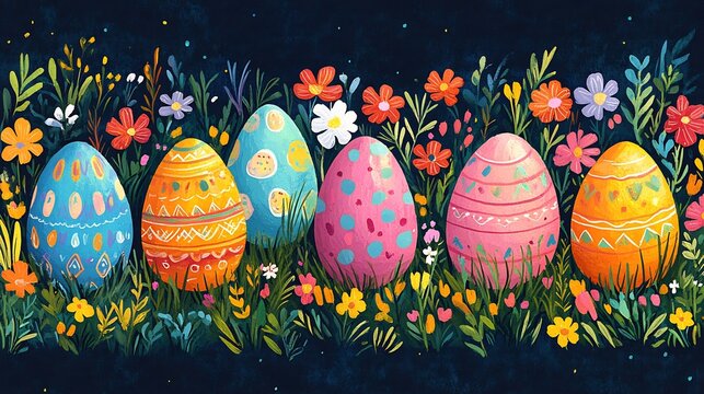 Fun Easter decoration handdrawn eggs in a seamless horizontal pattern featuring vibrant colors and whimsical designs Ideal for Easter banners wallpapers or cards with a cheerful theme