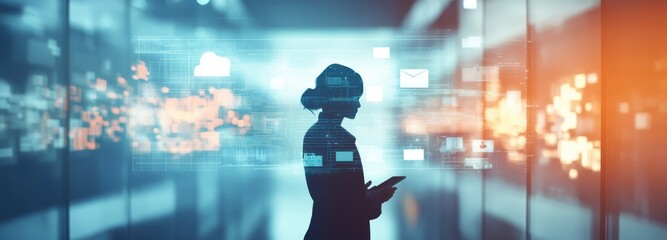 Abstract digital background depicting a futuristic scene with floating cloud icons, representing cloud computing and technology