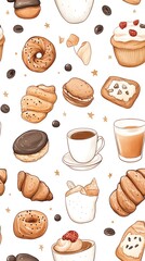 A seamless pattern featuring various pastries, coffee, and tea on a white background. Ideal for digital prints, wallpapers, and food-themed designs.