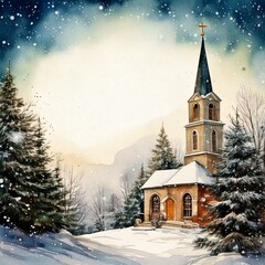 Fototapeta premium Watercolor Christmas holiday background with a church in a snowy town with pine trees and copy space