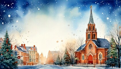 Fototapeta premium Watercolor Christmas holiday background with a church in a snowy town with pine trees and copy space