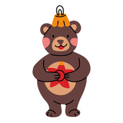A Soviet Christmas tree toy. The bear is holding a star, a glass toy, a cute animal. Cute illustration in vintage colors. Festive elements of the New Year and Christmas on the Christmas tree