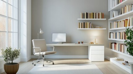A bright, contemporary home office interior with a sleek desk, modern chair, and large bookshelf, with soft lighting and neutral tones.