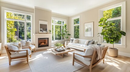 A bright Scandinavian-style living room with a modern fireplace, light wood floors, a plush white sofa, and large windows overlooking a lush garden.