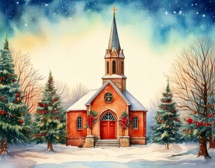 Watercolor Christmas holiday background with a church  in a snowy town with pine trees and copy space