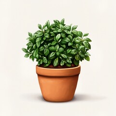 Vibrant Green Basil Plant in Terracotta Pot - Fresh Culinary Herb on Crisp White Background