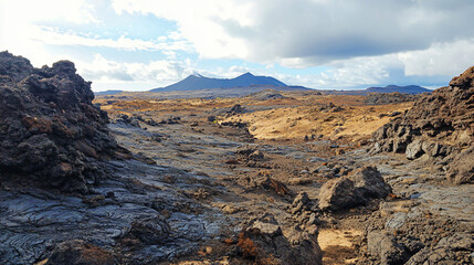 Obraz premium A volcanic landscape with rugged terrain and remnants of past eruptions.