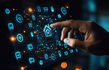 Businessman interacting with smart home technology interface illustrating modern digital innovation and futuristic connection