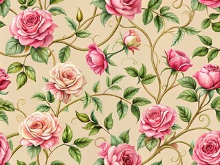 Delicate pink roses entwined with vines on a beige backdrop, creating an elegant vintage pattern ideal for home decor, fabric, stationery, weddings, invitations, and crafts.