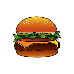 Burger with cutlet, tomatoes and herbs. Original vector illustration in vintage style. T-shirt design.