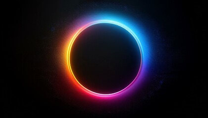 Obraz premium abstract black background with a glowing halo circle in gradient colors, featuring a grainy texture for creating impactful designs with ample copy space