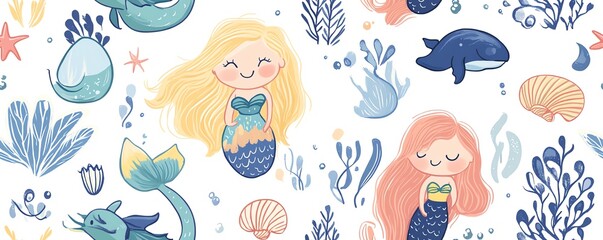 Fototapeta premium Cute mermaids and seashells