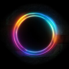 Obraz premium abstract black background with a glowing halo circle in gradient colors, featuring a grainy texture for creating impactful designs with ample copy space