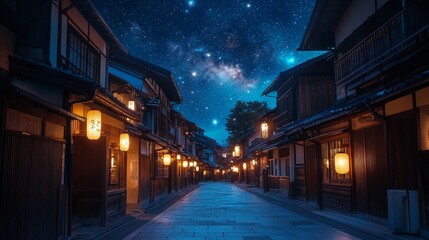 A calming view of a Japanese street at night, illuminated by delicate lanterns casting warm light on wooden facades, under a vast starry sky that enhances the magical mood.