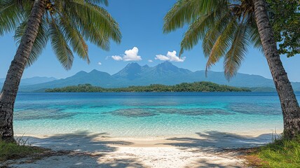 Serene beach view with palm trees and mountains.