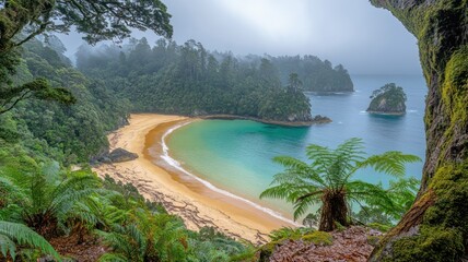 Serene beach view surrounded by lush greenery.