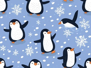 Fototapeta premium Cute penguin Christmas seamless pattern with snowflakes and ornaments on a blue background.