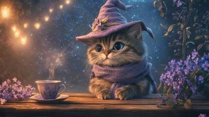 A charming, lifelike illustration of a cat wearing a lilac-colored wizard hat and scarf, seated at a rustic wooden table under a starlit sky.