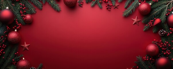 Festive Christmas backdrop with vibrant red ornaments, pine branches, and holiday decorations arranged on a red background. Perfect for holiday greeting cards, festive 