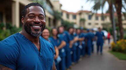 Fototapeta premium A man in a blue scrubs shirt is smiling and posing for a picture. He is surrounded by a group of people in blue scrubs