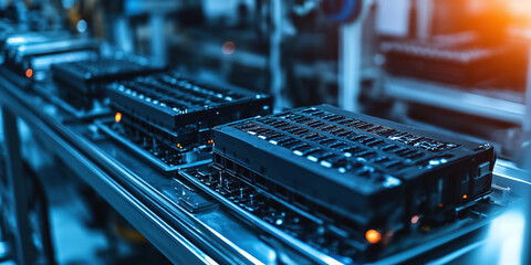 Description: A close-up view of a manufacturing line mass-producing batteries. The industrial setting emphasizes modern automation and the growing demand for efficient energy storage solutions