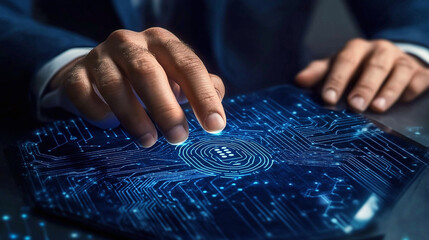 A close-up of a businessman’s hand using fingerprint scanning technology to unlock a digital device. The image illustrates the use of biometric authentication in modern security systems