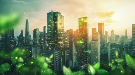 A city skyline featuring carbon-neutral skyscrapers