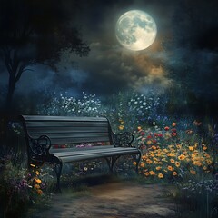 Flower garden with bench glowing under full moon picture