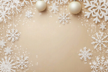 A white background with snowflakes and two gold balls hanging from it