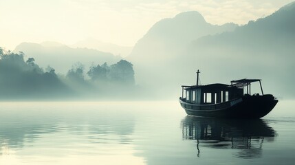 A classic wooden fishing boat navigating through the fog of an early morning river, with the silhouette of distant mountains just visible.