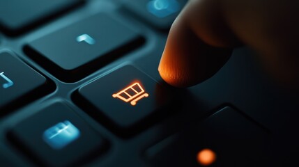 Obraz premium Close-up of a finger pressing the shopping cart button on a computer keyboard.