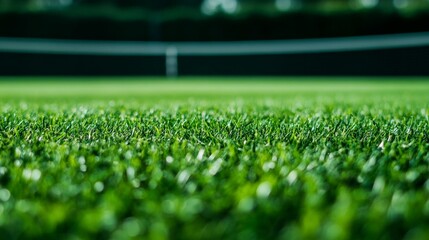 Naklejka premium A close-up image of the freshly mown grass on a tennis court, the even texture and vivid green color highlighting