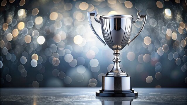 Elegant Silver Trophy with Glossy Finish and Intricate Patterns on Minimal Gray Background - Bokeh Effect for Awards, Achievements, Celebrations, and Recognition