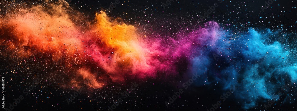 Wall mural a colorful burst of dust or particles floating through space with a dark, starry backdrop.