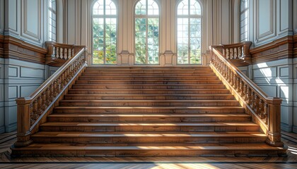 Fototapeta premium Wooden Staircase with Sunlight Streaming Through Windows in a Grand Hallway