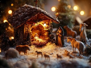 Peaceful Nativity Scene in Rustic Stable with Soft Lighting and Figures of Holy Family © Thares2020